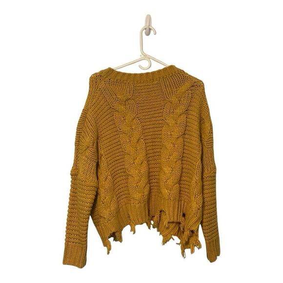 MOD Womens Oversized Cable-Knit Yellow Cropped Knit Sweater Fringe One Size - Picture 2 of 9